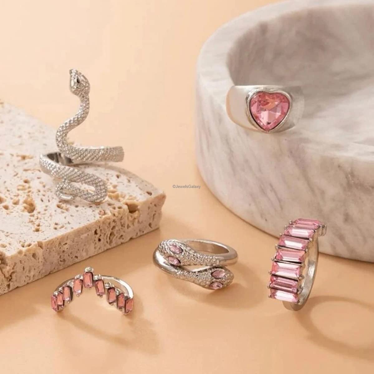 5-Piece Pink Stone Heart-Snake Stackable Rings Set